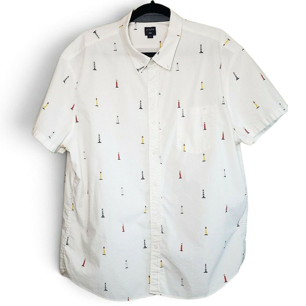 J.Crew Shirt Men's Size XXL White Nautical Lighthouse Print Button Down Preppy